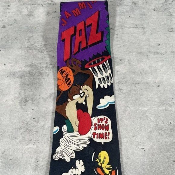 VTG 1993 Looney Tunes Mania Mens Tie Bugs Bunny Taz Devil Marvin Basketball MINT - Picture 3 of 5